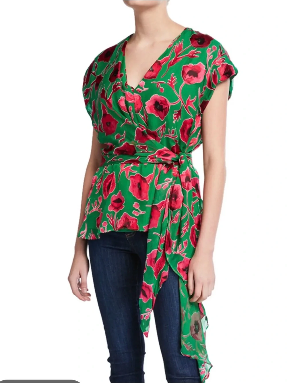 Alice + Olivia poppi-print . Wrap Top with Tie Waist